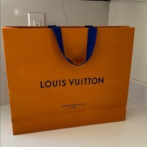 Louis Vuitton Orange Shopping Bag with Blue Handles and Navy logo